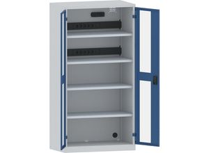 4047417511145 - LISTA Akku-Ladeschrank 4 Fachböden Sichtfenstertüren 2 Energieleisten rückseitig mit FI LS-Schalter grau blau 4047417511145 - LISTA Akku-Ladeschrank 4 Fachböden Sichtfenstertüren 2 Energieleisten rückseitig mit FI LS-Schalter grau blau