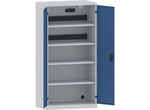 4047417510902 - LISTA Akku-Ladeschrank 4 Fachböden Vollblechtüren 2 Energieleisten rückseitig mit FI LS-Schalter grau blau 4047417510902 - LISTA Akku-Ladeschrank 4 Fachböden Vollblechtüren 2 Energieleisten rückseitig mit FI LS-Schalter grau blau