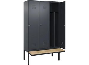 4066681817739 - Schwarz-Weiß-Spind Classic PLUS Sitzbank schmal 3 Abteile Trennwand verkürzt grau B 1200 mm Zylinderschloss auskragend Buche-Hartholz C+P