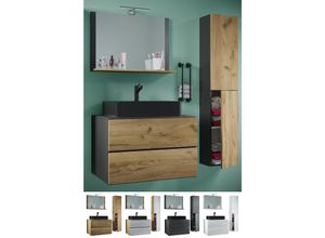 4051814432095 - 4-tlg Waschplatz Waschtisch schwarzes Waschbecken Unterschrank Breite 60 cm Badmöbel Set mit Schubladen Drehtüren Spiegel Lendas S BL