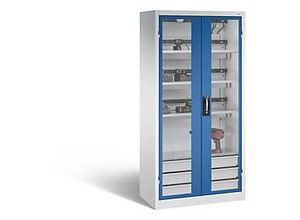 4064615955656 - Akkulade-Schrank Sichtfenster-Türen BxTxH 930x500x1950 mm 3 Böden mit je 5-fach Steckdosenleiste2 Einlegeböden RAL 7035 5010