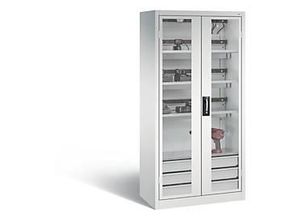 4065714009325 - C+P Akkuladeschrank Comfort mit Sichtfenster aus Acrylglas und Schubladenblock H 1950 x B 930 x T 500 mm Lichtgrau Lichtblau