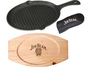 4250679502763 - Grillpfanne JIM BEAM BBQ schwarz B165cm H2cm L23cm Pfannen inkl Holzuntersetzer und Griffüberzug