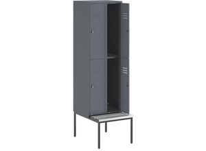 4250618235752 - Halbhoher Garderobenschrank mit Sitzbankuntergestell 300 mm 4 Fächer Vollwand blaugrau