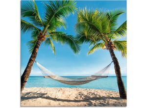 4058661636591 - Glasbild ARTLAND Palmenstrand Karibik mit Hängematte Bilder Gr B H 20 cm x 20 cm Amerika 1 St blau Glasbilder Bilder in verschiedenen Größen