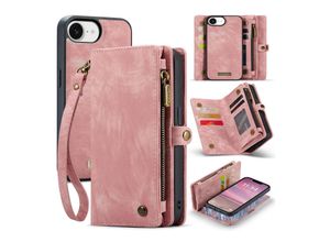 4255785163204 - Für Apple iPhone 16e Kunstleder Multifunktion Zipper Tasche Hülle Pink