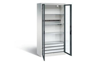 4065714171077 - C+P Akkuladeschrank Basic mit Sichtfenster aus Acrylglas und Schubladenblock H 1950 x B 930 x T 500 mm Lichtgrau Lichtblau