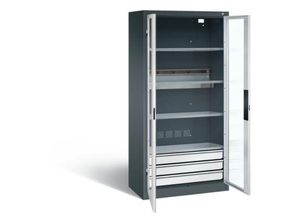 4065714171053 - C+P Akkuladeschrank Basic mit Sichtfenster aus Acrylglas und Schubladenblock H 1950 x B 930 x T 500 mm Lichtgrau Lichtblau