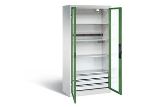4065714009233 - C+P Akkuladeschrank Basic mit Sichtfenster aus Acrylglas und Schubladenblock H 1950 x B 930 x T 500 mm Lichtgrau Lichtblau