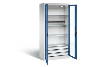 4065714009226 - C+P Akkuladeschrank Basic mit Sichtfenster aus Acrylglas und Schubladenblock H 1950 x B 930 x T 500 mm Lichtgrau Lichtblau