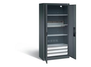 4065714171145 - C+P Akkuladeschrank Basic mit Vollblechtüren und Schubladenblock H 1950 x B 930 x T 500 mm Lichtgrau Rubinrot