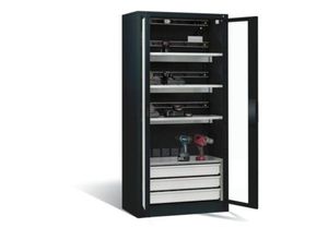 4066681177741 - C+P Akkuladeschrank Comfort mit Sichtfenster aus Acrylglas und Schubladenblock H 1950 x B 930 x T 500 mm Anthrazit Lichtgrau