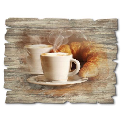 4062144361702 - Holzbild ARTLAND Dampfender Cappuccino und Croissant Bilder Gr B H 40 cm x 30 cm Holzbild Getränke Querformat 1 St braun Bild Holzbild Holzbilder Bilder