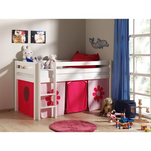 5420070212380 - Kinderzimmer Hochbett PINOO-12 mit Textilset Pink Flower und Leiter in Kiefer massiv weiß lackiert b h t ca 210 114 106 cm - weiß 5420070212380 - Kinderzimmer Hochbett PINOO-12 mit Textilset Pink Flower und Leiter in Kiefer massiv weiß lackiert b h t ca 210 114 106 cm - weiß