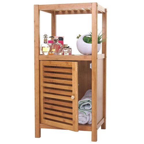 4057651196831 - Badregal MCW-B18 Badezimmer Badschrank Standregal mit Tür Bambus ~ 80x36x34cm