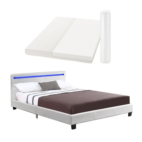 4260565523055 - Polsterbett Verona 120x200 cm Bettgestell inkl LED-Beleuchtung Lattenrost & Matratze weiß Kunstleder Einzelbett Jugendbett - Juskys