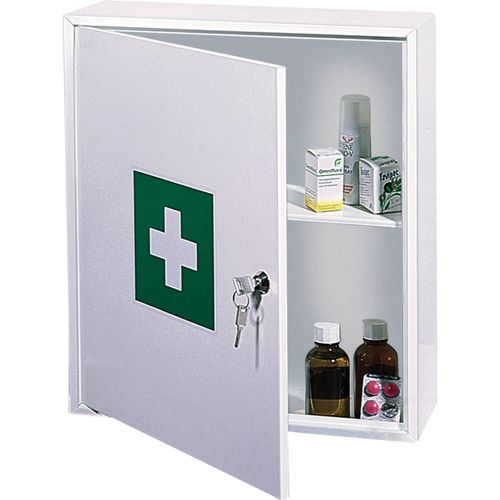 9006072000383 - Medikamentenschrank MK1 Wandmontage Volumen 12 l 1 Fachboden Zylinderschloss 2 Schlüssel Aufkleber B 315 x T 110 x H 360 mm Stahlblech 9006072000383 - Medikamentenschrank MK1 Wandmontage Volumen 12 l 1 Fachboden Zylinderschloss 2 Schlüssel Aufkleber B 315 x T 110 x H 360 mm Stahlblech