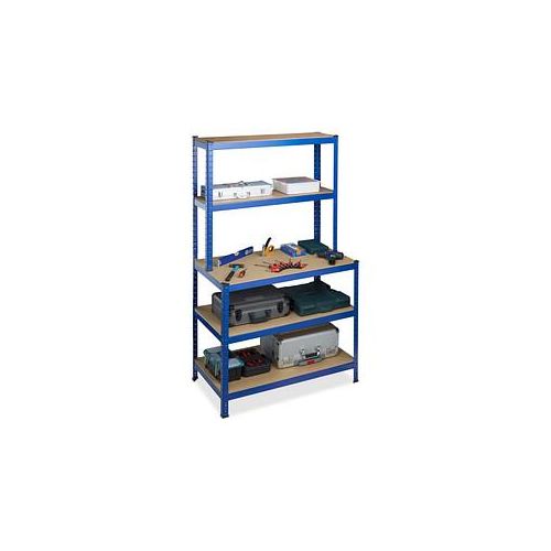 4052025267575 - Schwerlastregal mit Werkbank Traglast 900 kg 5 Ebenen zum Stecken Keller 180x100x60 cm Stahl mdf blau - Relaxdays