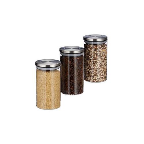 4052025279981 - Vorratsglas 3er Set je 1 l luftdicht Edelstahl Deckel für Pasta Müsli & Reis Küchenbehälter transparent - Relaxdays