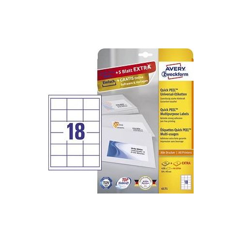 4004182061718 - Avery-Zweckform 6171 Etiketten (A4) 64 x 45 mm Papier Weiß 540 St Permanent Universal-Etiketten Tinte Laser 450 Stück