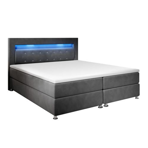 4260565525998 - Boxspringbett Vancouver – Doppelbett mit LED-Beleuchtung Topper & Bonell-Federkern-Matratzen – Bett Polsterbett mit Stoff - 140x200 cm Grau - Juskys