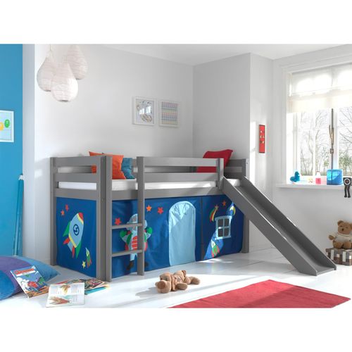 5420070234931 - VIPACK - Spielbett Pino inkl Rutsche mit Textilset Vorhang Astro Ausf Kiefer massiv grau lackie