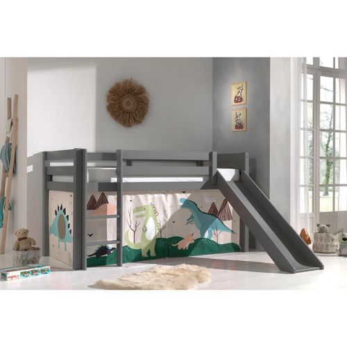 5420070236737 - VIPACK - Halbhohes Bett PINO mit Rutsche und Textilset Dino Ausf Kiefer massiv grau lackiert 5420070236737 - VIPACK - Halbhohes Bett PINO mit Rutsche und Textilset Dino Ausf Kiefer massiv grau lackiert
