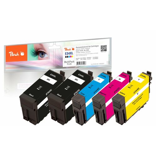 7640173439097 - E34 XL 5 Druckerpatronen XL (2*bk c m y) ersetzt Epson No 34XL T3471*2 T3472 T3473 T3474 für zB Epson WorkForce Pro WF -3700 (wiederaufbereitet)