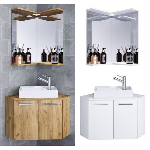 4051814414459 - 3-tlg Set Waschplatz für Gäste WC Gästebad Waschtisch Toilette Badmöbel Eckschrank Badezimmer Set – Vilosa