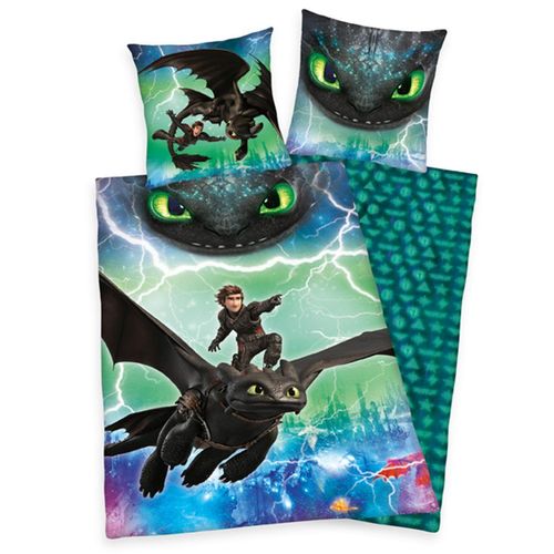 4006891925602 - Wende-Kinderbettwäsche Dragons 3 Glow in the dark Renforcé grün blau 135 x 200 + 80 x 80 cm blau grün