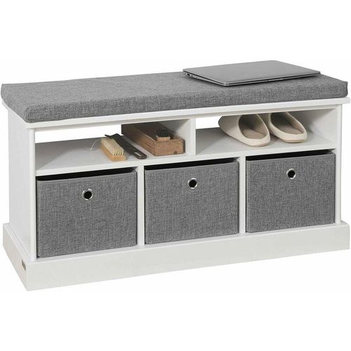 4251388605998 - FSR67-HG Schuhtruhe Sitzkommode Schuhschrank mit 3 grauen Körben und Ablage Sitzbank mit Sitzkissen Spielzeugkiste weiß bht ca 96x50x35cm - Sobuy