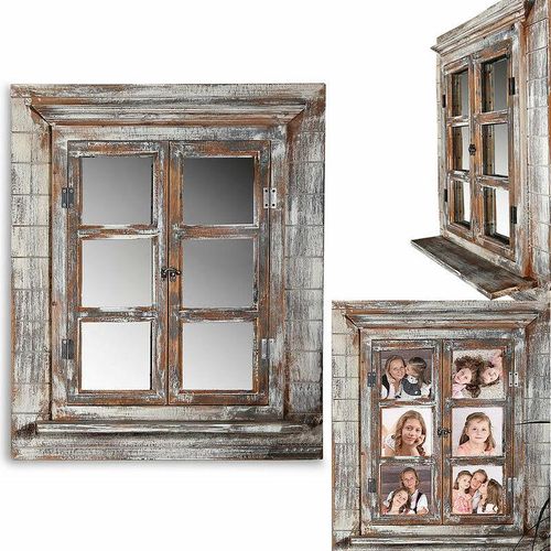 4251258907009 - Wandspiegel mit Fensterläden 64x54cm Shabby Chic Spiegelfenster mit Ablage Fenstertüren als Bilderrahmen 13x13cm nutzbar - Melko