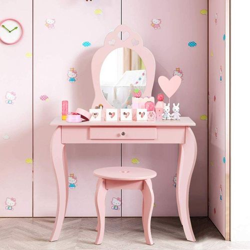 0617748443978 - Kinder Schminktisch Make-up Tisch mit Hocker und abnehmbarem Spiegel Frisierkommode Holz Maedchen Frisiertisch mit Schublade 70x34x105cm - Costway