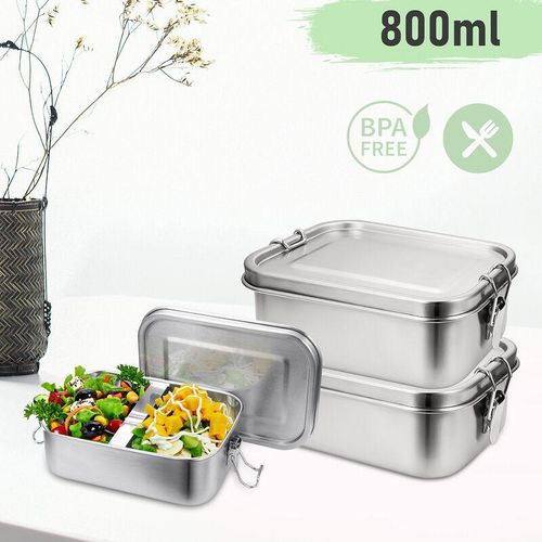 0726503388321 - 2x 800ml Brotdose Metall Brotdose Thermobehälter Lunchbox bpa frei Edelstahl - Silber - Hengda