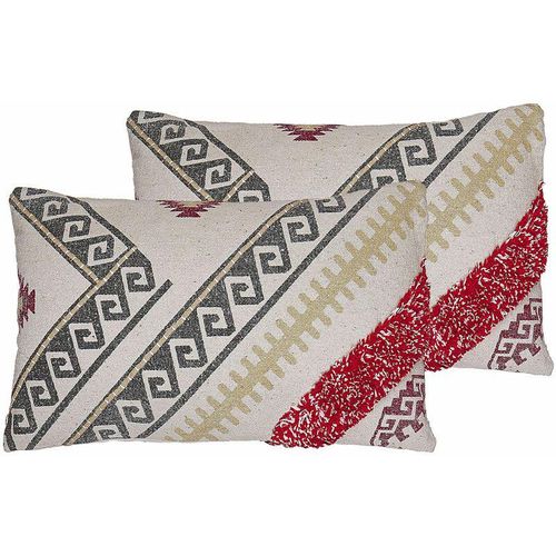 4251682272841 - Beliani - Dekokissen 2er Set Beige   Grau   Rot 50 x 30 cm Baumwolle Rechteckig mit Reißverschluss Geometrisches Muster Strukturiert Zierkissen Boho