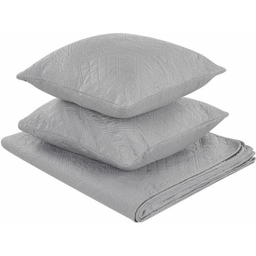 4251682278027 - Beliani - Tagesdecken Set Grau aus Polyester 3-teilig mit 2 Dekokissen Prägemuster Blumenmotiv Geometrisch 160 x 220 cm Bettüberwurf für Doppelbett