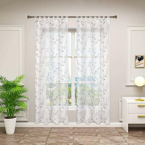 4063425123941 - Gardinen transparent Blumen Stickerei mit Schlaufen Leinen Optik(2 Stücke) grau 140x245 cm - grau - Woltu