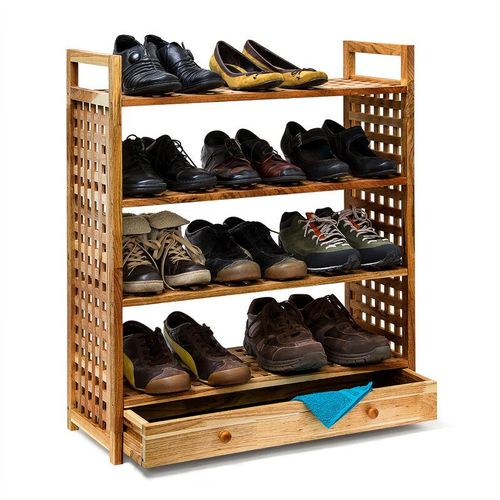 4052025192778 - Relaxdays - Schuhregal Walnuss h x b x t 81 x 70 x 27 cm Schuhablage mit Schublade 4 Böden für je 3 Paar Schuhe Holz Schuhschrank mit Griffen zum