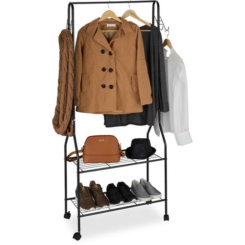 4052025923990 - Rollgarderobe mit 2 Ablagen f Schuhe Taschen Accessoires Haken Metall stabiler Kleiderständer schwarz - Relaxdays