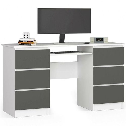 5907504384023 - Akord - Schreibtisch Klein mit Schubladen | Office Desk | Computertisch | Bürotisch mit Tastaturablage | B135 x H77 x T50 cm 60 kg | Weiß Graphitgrau