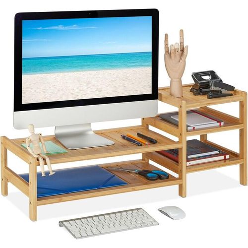 4052025398750 - Monitorständer Bambus 5 Ablagen Bildschirmerhöhung Schreibtisch hbt 33x80x30 cm Monitorunterbau natur - Relaxdays