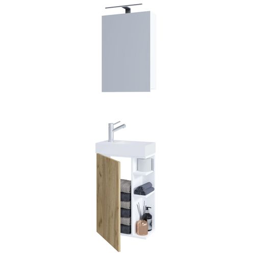 4051814426513 - 3-tlg Badmöbel Set Gäste WC Gästebad Waschplatz Waschtisch klein schmal Lumia Spiegelschrank (Farbe Weiß   Honig-Eiche)