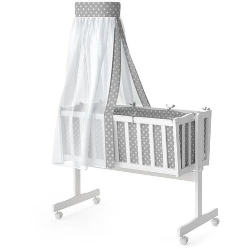 4251421937666 - VITALISPA Wiege NOAH Schaukelwiege Babywiege Holz Weiß Grau Bett Set Buche