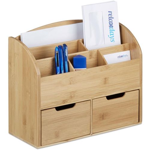 4052025203368 - Relaxdays - Schreibtisch-Organizer Bambus Briefablage 6 Fächer 2 Schubladen natürliche Maserung h x b x t 28 x 33 x 135 cm natur