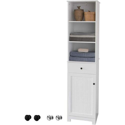 4251388609149 - BZR17-W Badezimmer Hochschrank Badschrank Badregal Badezimmerschrank mit 3 offenen Fächern 1 Schublade und 1 Tür weiß bht ca 40x161x35cm - Sobuy