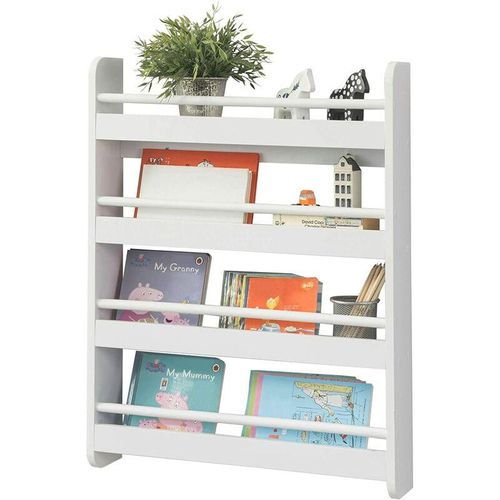 4251388603741 - KMB08-K-W Kinderregal Bücherregal für Kinder Wandregal Hängeregal Aufbewahrungsregal mit 4 Ablagen für Bücher und Deko weiß bht ca 60x80x12cm