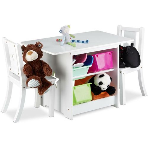 4052025203511 - Kindersitzgruppe albus mit Stauraum 1 Tisch und 2 Stühle aus Holz Kindertischgruppe für Jungen und Mädchen weiß - Relaxdays