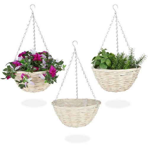 4052025376604 - Relaxdays - Blumenampel 3er Set Rattan Korbgeflecht handgefertigt Folie Eisenkette Hängetopf HxD 15 x 30 cm natur