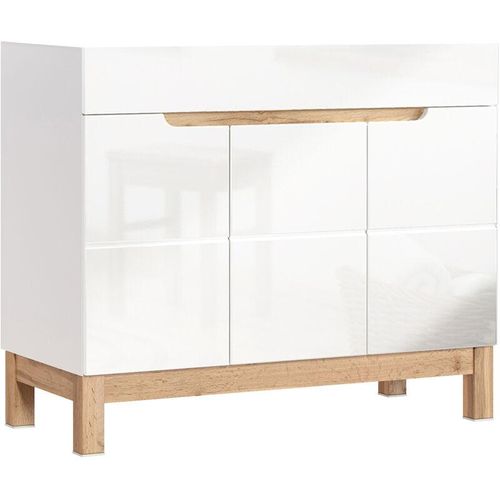 4251581575661 - Lomadox - Waschtischunterschrank 100 cm SOLNA-56 Hochglanz weiß mit Wotaneiche b x h x t ca 100 x 85 x 46cm - weiß