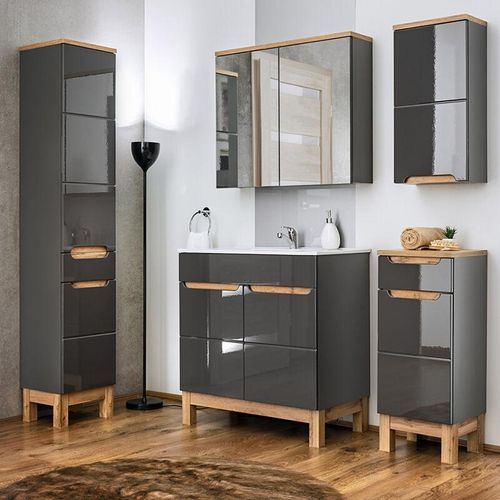 4251324906141 - Badezimmer Möbel Set 5-teilig mit 60 cm Waschtisch aus Keramik SOLNA-56 Hochglanz grau inkl Standfüßen BxHxT ca 160 x 200 x 45 cm - grau